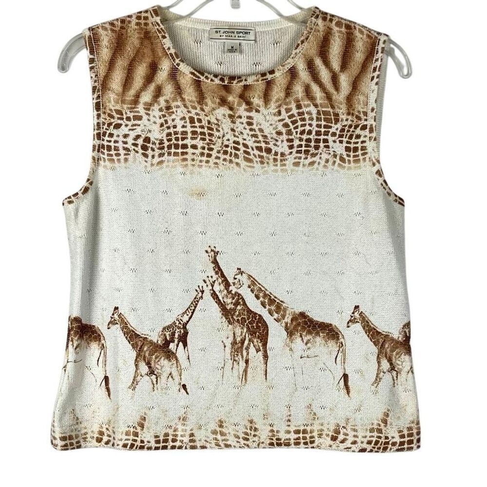 St. John Sport Safari Giraffes Sleeveless Knit Top Medium